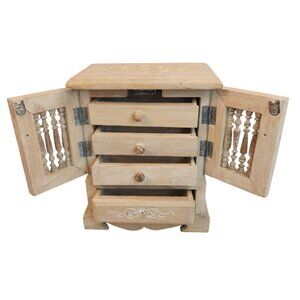 Rustic Handcrafted Wooden Jewelry Box With Intricate Carved Panels & Hinged Door